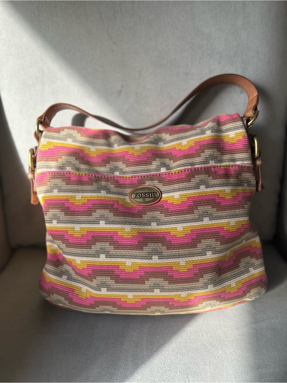 Fossil Explorer Foldover Shoulder Bag Chevron Geometric Canvas & Leather